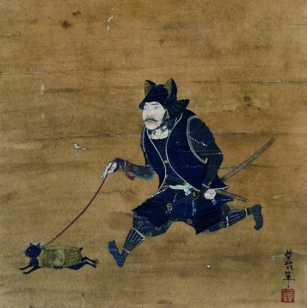 Воин, гуляющий с котом в доспехах